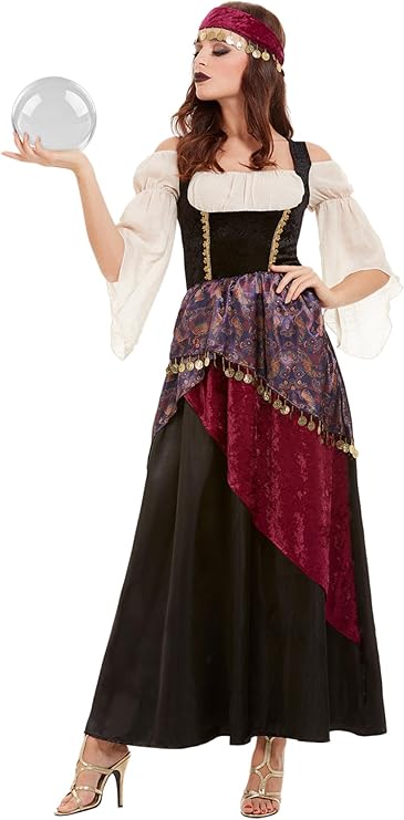 Smiffys Disfraz de adivino de lujo, color negro, con vestido y diadema, disfraz de circo para adultos
